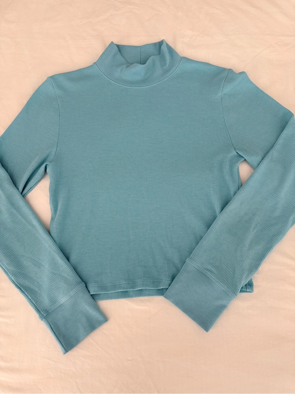 American Eagle Blue Waffle Knit Mock Neck Cropped Thermal Top Size XL